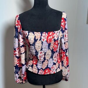 Sienna Sky floral print cropped smoked balloon‎ 3/4 sleeves top blouse Sz L
